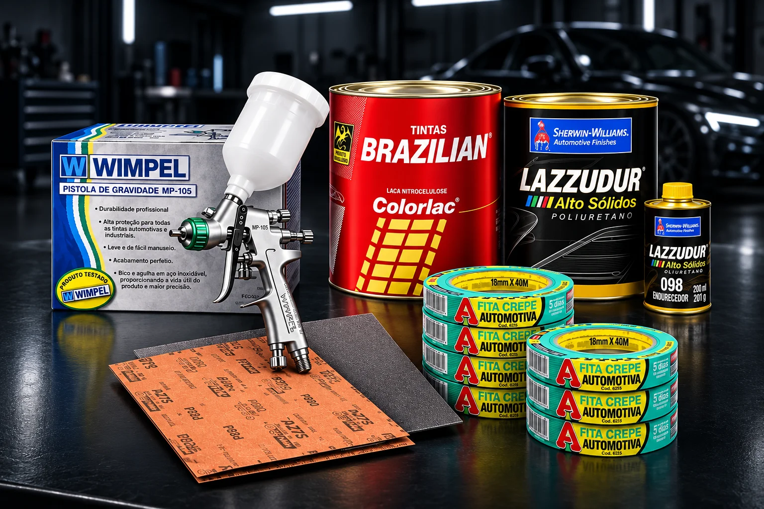 Pistola Wimpel MP-105, tinta Brazilian Colorlac, Lazzudur Sherwin-Williams, fitas crepe automotivas e lixas